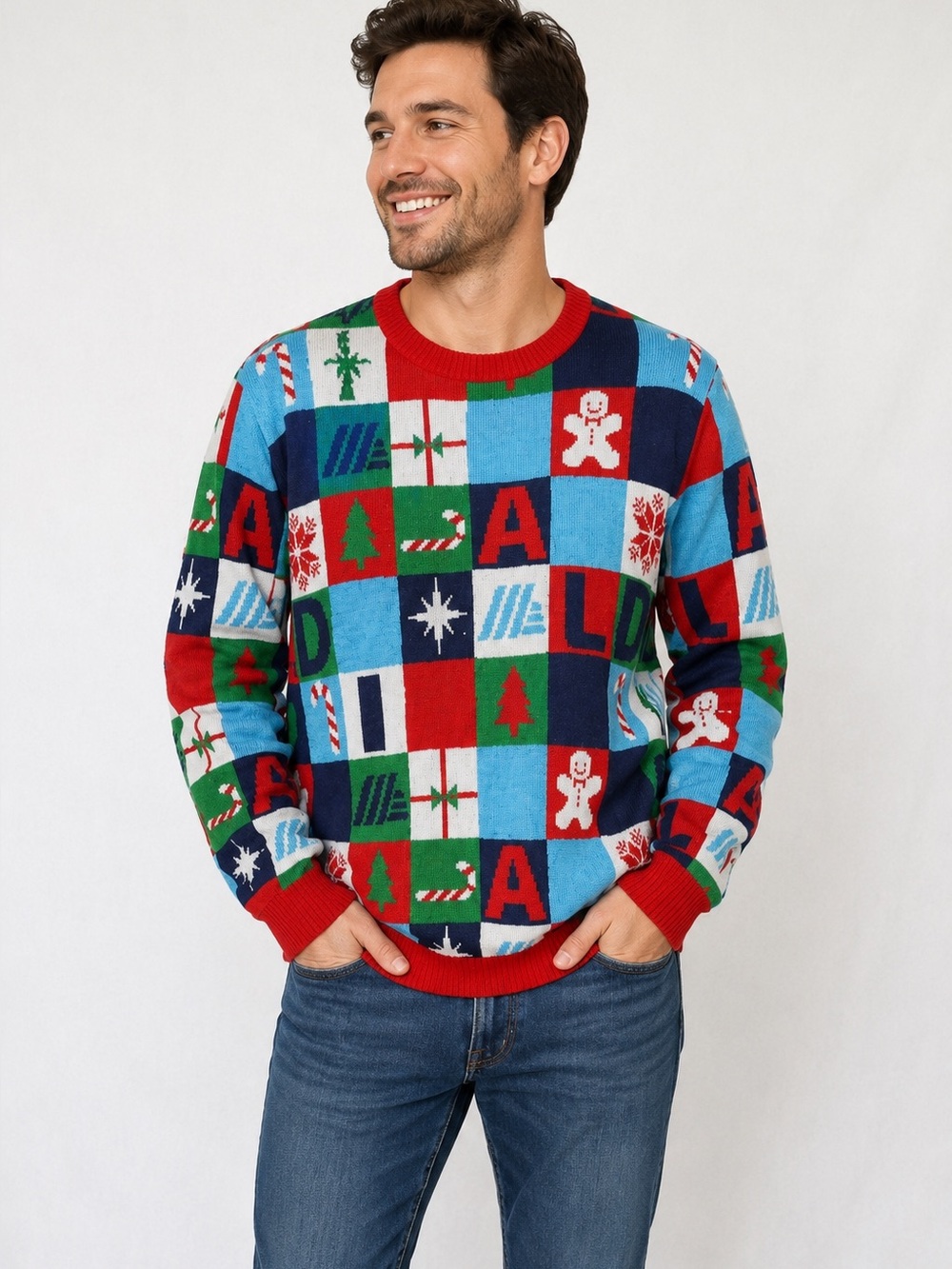 Aldi Gear Colorful Holiday Crewneck Sweater Patchwork Christmas Size L